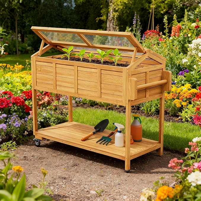 Raised Garden Beds on Wheels with Legs and Cover Elevated Herb Planter Box Cart Outdoor with Bed Liner,Storage Shelf,Seed Starter Tray for Backyard Patio Gardener Porch Outside (Country Rustic)