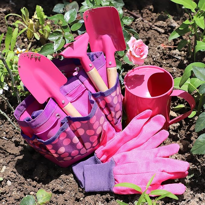 Kids Gardening Tools Set, Toddler Play Kit Child Outdoor Toy with Gloves, Watering Can, Metal Shovel, Rake, Spade & Storage Bag, Backyard Sand Digging Holiday Birthday Gift for Boy Girl 3 4 5 (Pink)
