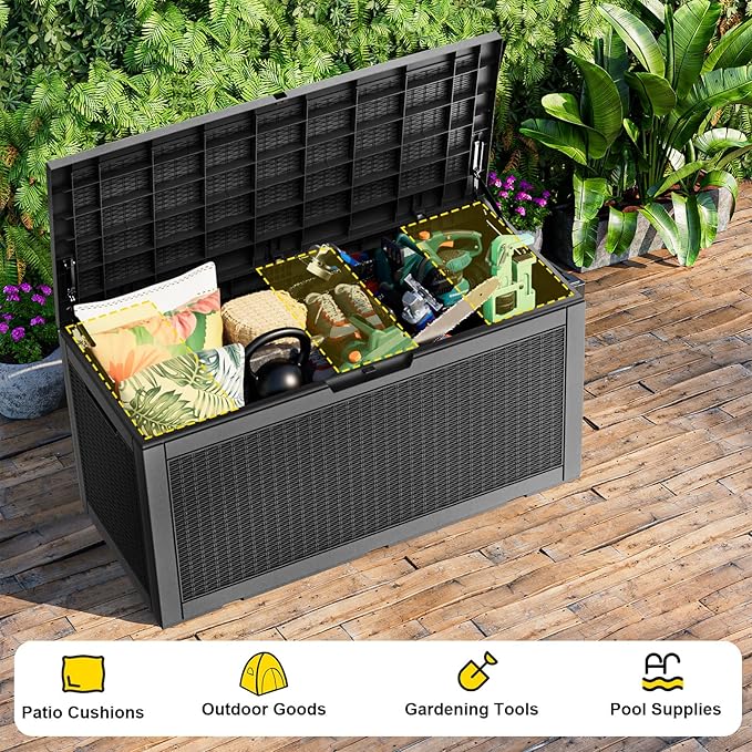 120 Gallon Deck Box,Resin Outdoor Storage Box with Lockable for Patio Furniture, Pool Accessories, Garden Tools Waterproof Outside Storage Box (Black)