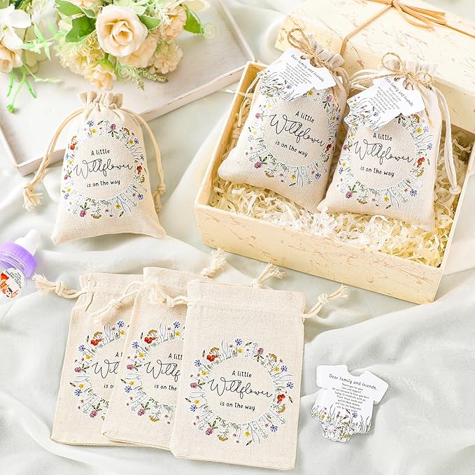 Fumete 50 Sets Wildflower Baby Shower Seed Packets Party Favors for Guests Baby in Bloom Favors Decorations Burlap Bags with Drawstring Thank You Cards and Twine, No Seeds (Wildflower)