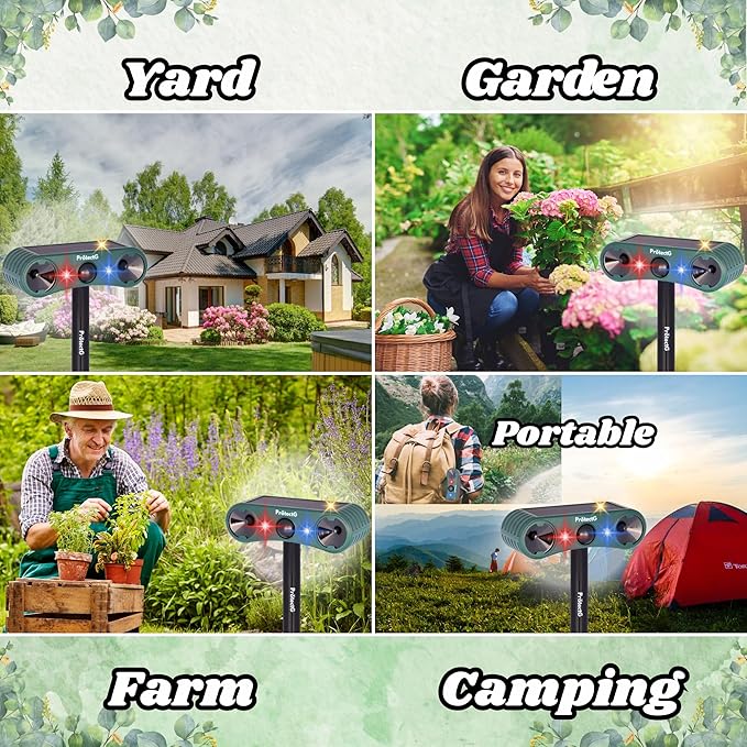 2 Pack Solar Ultrasonic Animal Repellent - Extended Coverage Deterrents - Waterproof Farm, Orchard, Large Yard Wildlife Defense for Cat, Squirrel, Raccoon, Skunk, Bird, Deer Repeller