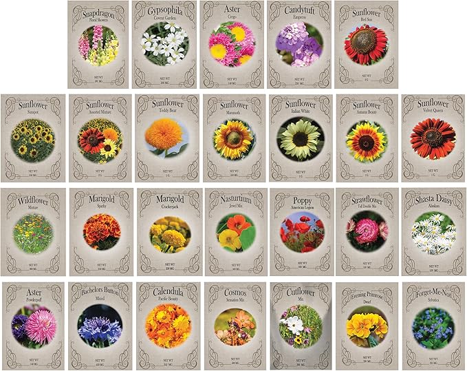 Flower Seed Set - Flower Varieties of Non-GMO & Heirloom Premium Seeds for Planting - Sunflower, Marigold, Lavender, and More! (26, Set 1)