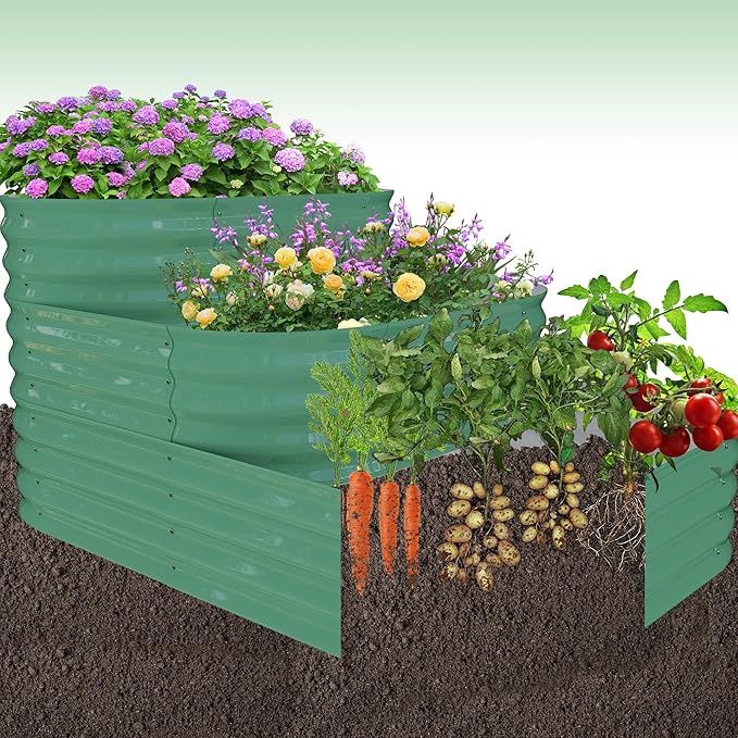 Galvanized Raised Garden Bed Kit – 61x42x31 in Oval Outdoor Planter Box for Vegetables, Herbs & Flowers, Modular 3 in-1 Design, Open Base, Ground-Connected Raised Beds for Gardening, Green