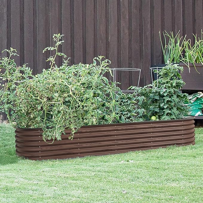 VEIKOU 8X2FT Wood Grain Raised Garden Bed, 17’’H Metal Galvanized Raised Garden Bed with Bottomless Design, 9 in 1 Raised Garden Bed Kit, Modular Raised Planter Box for Plants, Rustic