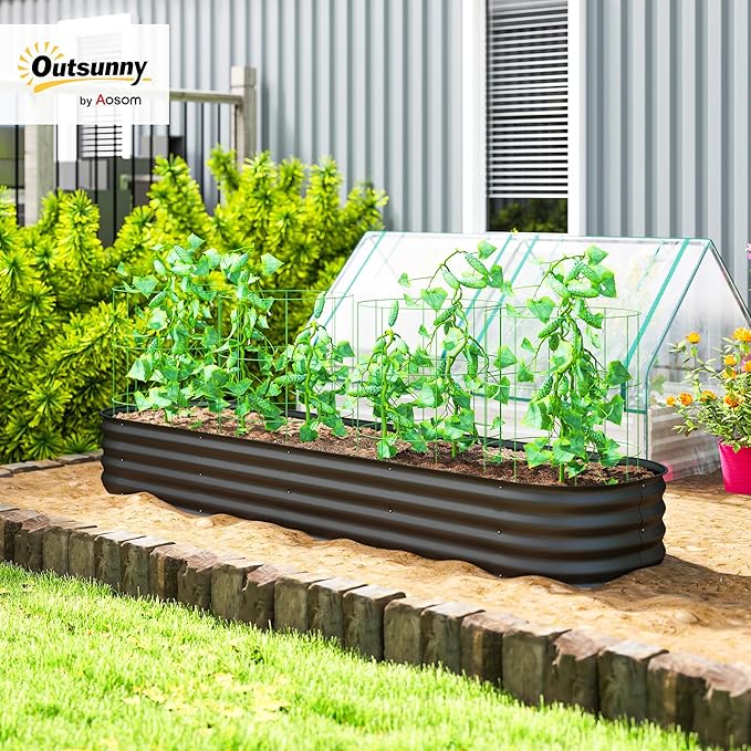Outsunny 8' x 2' x 1' Galvanized Raised Garden Bed Kit, Outdoor Metal Elevated Planter Box with Safety Edging, Easy DIY Stock Tank for Growing Flowers, Herbs & Vegetables, Dark Gray
