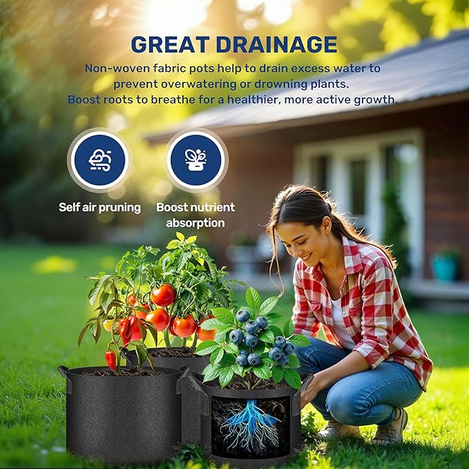 Simple Deluxe 6 Pack 7 Gallon Grow Bags, 300G Vegetable/Flower/Plant Fabric Pots with Handles, Heavy Duty Thickened Nonwoven Planting Bag