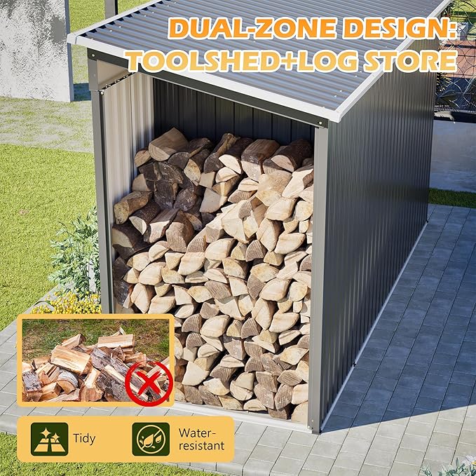 10'x4' Waterproof Storage Shed with 2.3'x3.6' Side Space, Heavy Duty 2-in-1 Garden Tool Shed with Lockable Door & Floor Frame for Backyard, Patio, Lawn, Bicycles, Galvanized Steel, Gray