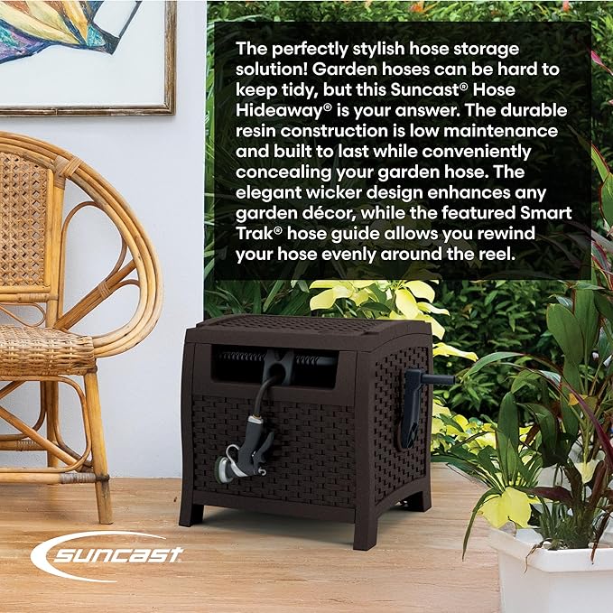 Suncast Hose Reel with Smart Trak Hose Guide, Water-Tight Connection, Durable Resin Construction, 225' Hose Capacity, Brown, Made in the USA