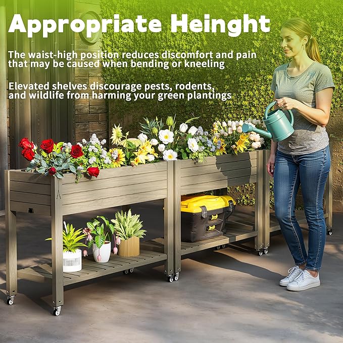 Raised Garden Bed with Legs, 33.66" Tall Self-Watering Resin Planter Box with Lockable Wheels Drainage Plug and Gauge for Vegetables, Flowers, Storage Shelf for Tools and Accessories (Grey)