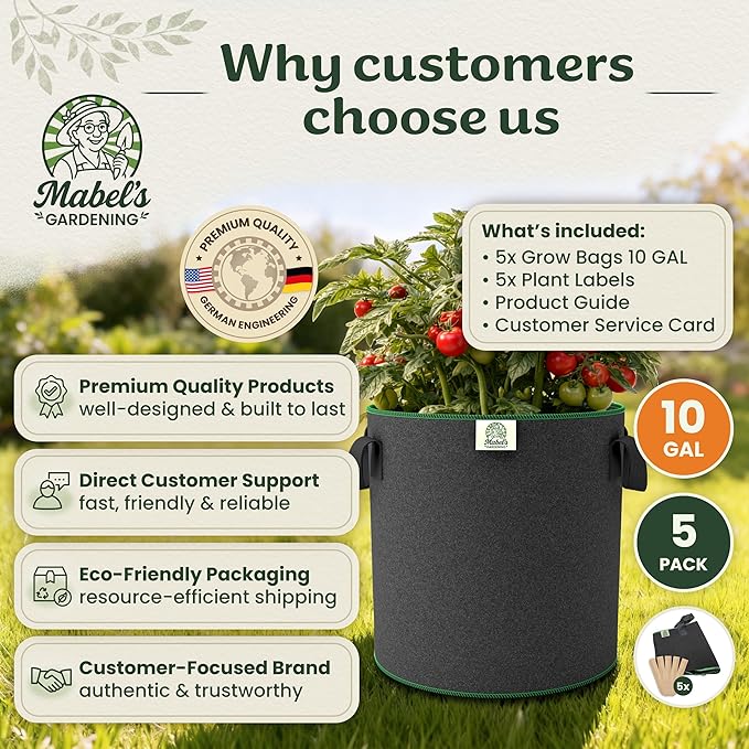 Mabel's Gardening 5-Pack 10 Gallon Grow Bags - Garden Planting Bags 13.4 x 16.3 INCH Made of 8.85 oz/yd² (300g/m²) Felt & Fleece Fabric Plant Pot, Plant Bag, Grow Bag for Carrot Potato Tomato