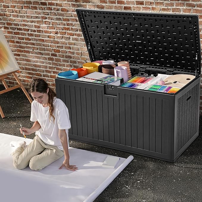 DWVO 230 Gallon Double-Wall Deck Box with Divider, XXL Extra Large Resin Outdoor Storage Box, Lockable & Waterproof, Double as Seating, 1000lbs Capacity (Black)