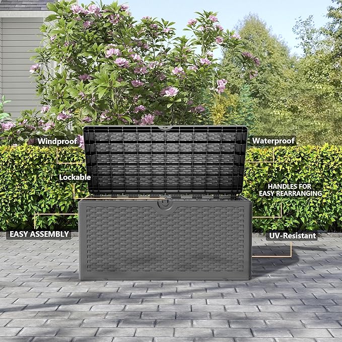 80 Gallon Resin Deck Box, Waterproof Outdoor Storage Bin for Patio, Poolside, and Garden, Lockable & UV-Resistant, Black