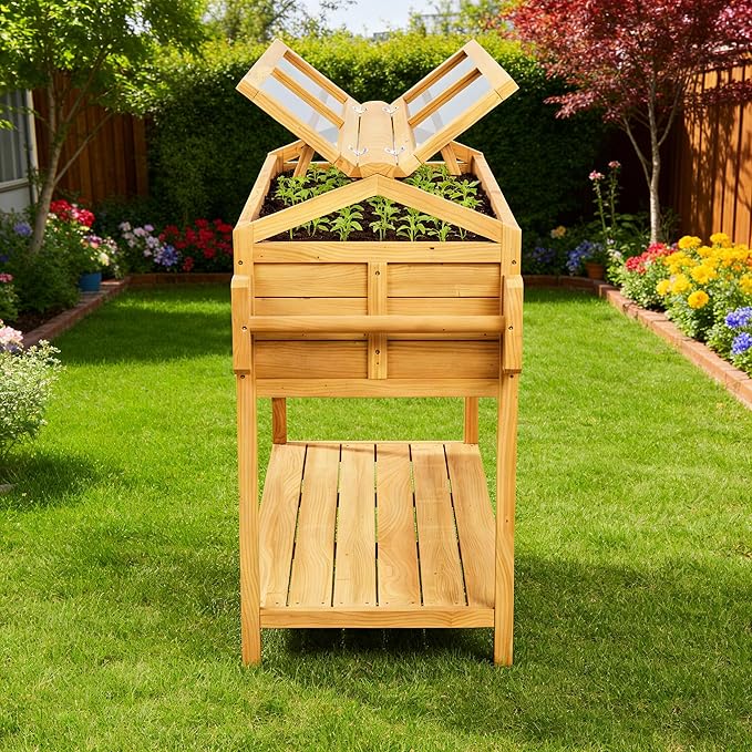 Raised Garden Beds on Wheels with Legs and Cover Elevated Herb Planter Box Cart Outdoor with Bed Liner,Storage Shelf,Seed Starter Tray for Backyard Patio Gardener Porch Outside (Country Rustic)