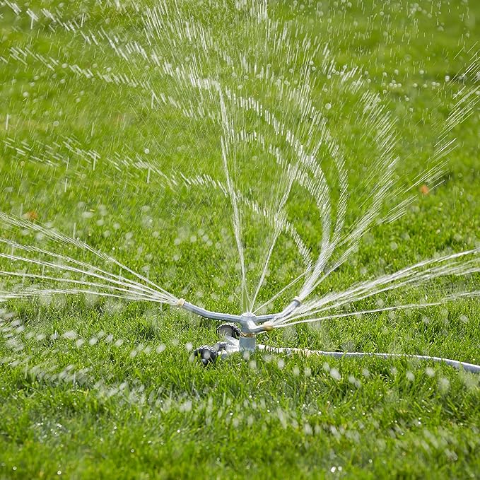 Gilmour Heavy Duty 692 Sq Ft Spinning Sprinkler with Wheeled Base, Metal Whirling Sprinkler Head for 360 Degree Coverage in Flower Beds and Vegetable Gardens