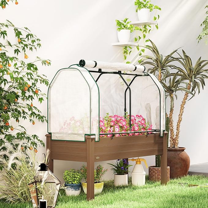 Outsunny Raised Garden Bed with PE Greenhouse Cover Outdoor Elevated Wood Planter Box for Herbs and Vegetables, Use for Patio, Backyard, Balcony, 48 x 22 x 46 inch, Brown