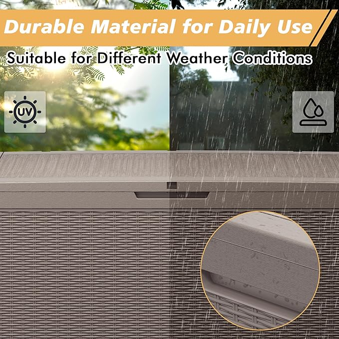 100 Gallon Outdoor Storage Box, Resin Deck Boxes Outdoor Waterproof For Patio Furniture, Garden Tools, Pool Supplies, Lockable And UV Resistant (Rattan Gray)