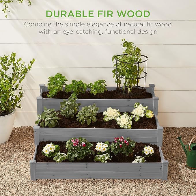 Best Choice Products 3-Tier Fir Wood Raised Garden Bed Planter Kit for Plants, Herbs, Vegetables, Outdoor Gardening w/Stackable & Flat Arrangement, Easy Assembly - Gray