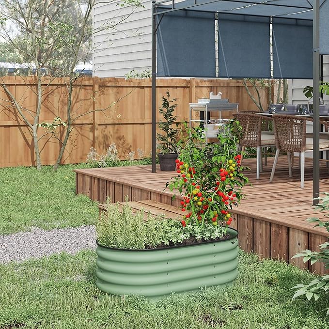 Outsunny 3.5' x 2' x 1.4' Galvanized Raised Garden Bed Kit, Outdoor Metal Elevated Planter Box with Safety Edging, Easy DIY Stock Tank for Growing Flowers, Herbs & Vegetables, Green