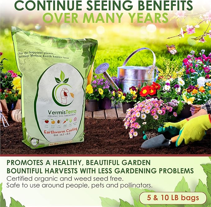 VermisTerra - Premium Earthworm Castings - Organic 10 LB, Very fine, Low Moisture Content, Easy to Spread. Seed Starting, propgation, Improve Soil Structure, Natural Plant Hormones for Fertility