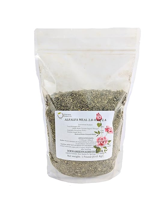 Greenway Biotech, Inc. Organic Alfalfa Meal Fertilizer 2.5-0-2.5 | Rose & Vegetable Plant Food with Triacontanol Growth Stimulant | Non-GMO, Phosphorus-Free | 1 Pound