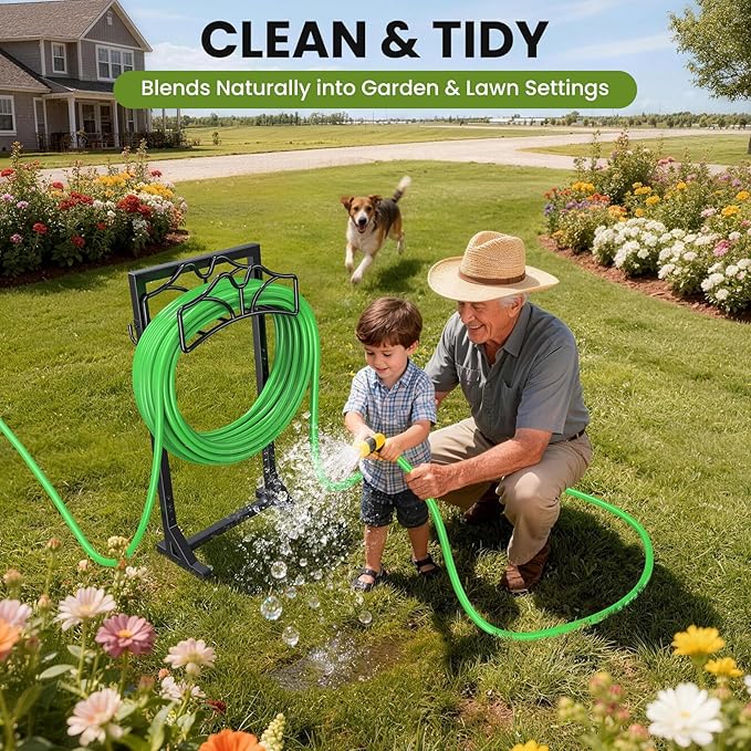 Garden Hose Holder Stand, Freestanding Heavy Duty Metal Organizer with Tool Hooks, Holds up to 150FT Hose, Easy Assembly, No Drilling, for Yard, Lawn, Garden, Patio & Backyard (Black-European)