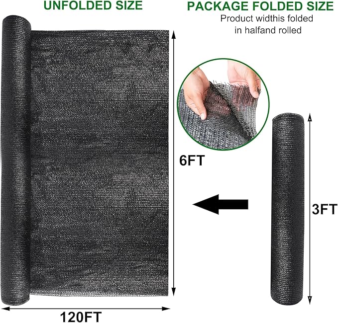 winemana 120x6 FT Outdoor Shade Cloth for Garden & Plants - 50% Large Black Mesh Tarp, UV Resistant Woven Shade Fabric for Greenhouse Farm Row Cover Vegetables Sun Protection Poultry Run