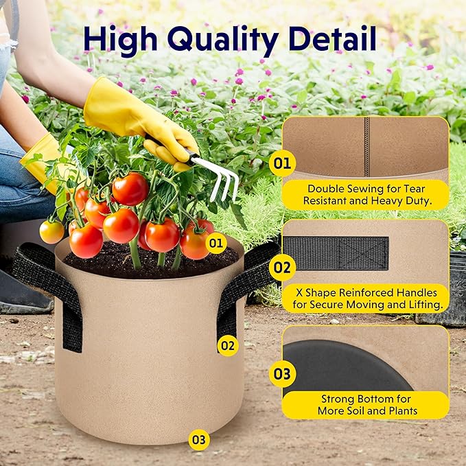 iPower Plant Grow Bags 3 Gallon 10-Pack Tan Heavy Duty Thickened Nonwoven Aeration Fabric Pots Durable Container with Strap Handles, Gardening & Planting Fruit