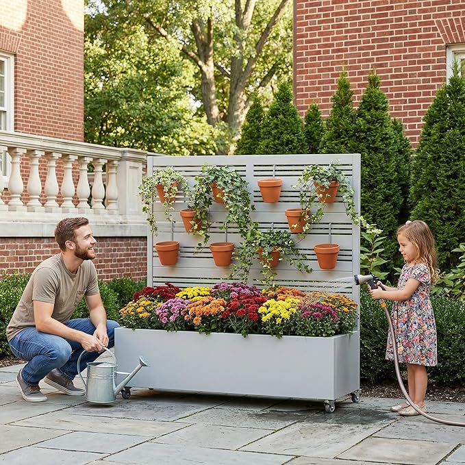 Casaphoria Metal Raised Garden Bed with Trellis and Wheels, 47"x47"x16" Planter Box for Climbing Plants, Vegetables & Vines, Features Drainage Holes and Privacy Screen, Grey-Harold