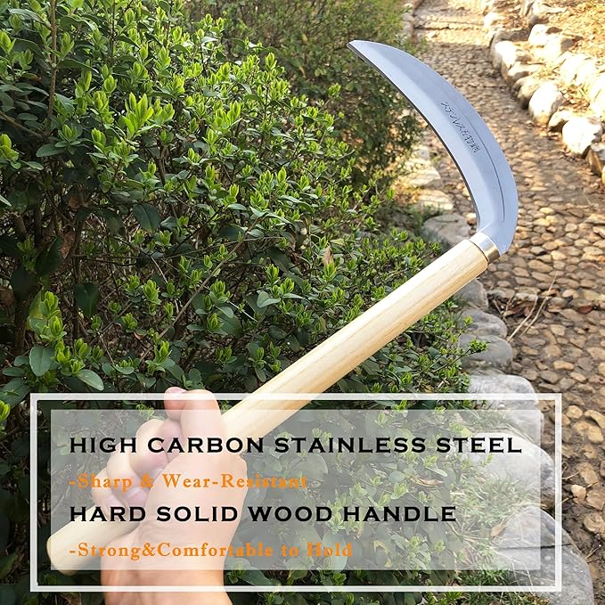 Grass Sickle Japanese Weeding Hoe Garden Hand Tool Weeding Tools for Garden High-Strength Steel with Solid Wood Handle (Beige)