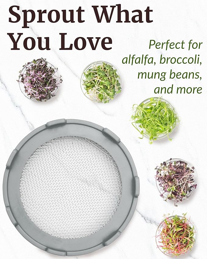 Elementi Sprouting Lids for Mason Jars (Set of 2), Wide Mouth Mason Jar Strainer Screen Lids for Sprouting Kit, 316 Stainless Steel Mesh (Grey)