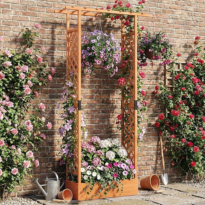 S AFSTAR Raised Garden Bed with Trellis, 2 Pieces Fir Wood Planter Box with Flat Roof & Drainage Holes, Vertical Planter Raised Bed for Climbing Plants, Flowers & Vegetables, 43" x 14" x 89" (Orange)