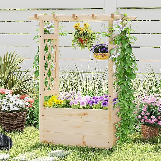 Giantex Raised Garden Bed with Sided Trellis & Hanging Roof, Wood Planter Box, Freestanding Garden Planter Raised Bed for Flowers Herbs Climbing Vines 31”x16”x41” (L x W x H)