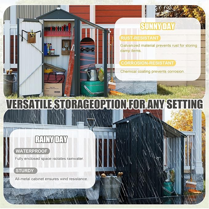 Waterproof 5'x2' Storage Shed with Open Firewood Rack, Heavy Duty 2-in-1 Lean-to Tool Storage Garden Cabinet with Internal Organizer Shelf, Lockable Door for Patio, Backyard, Lawn, Metal