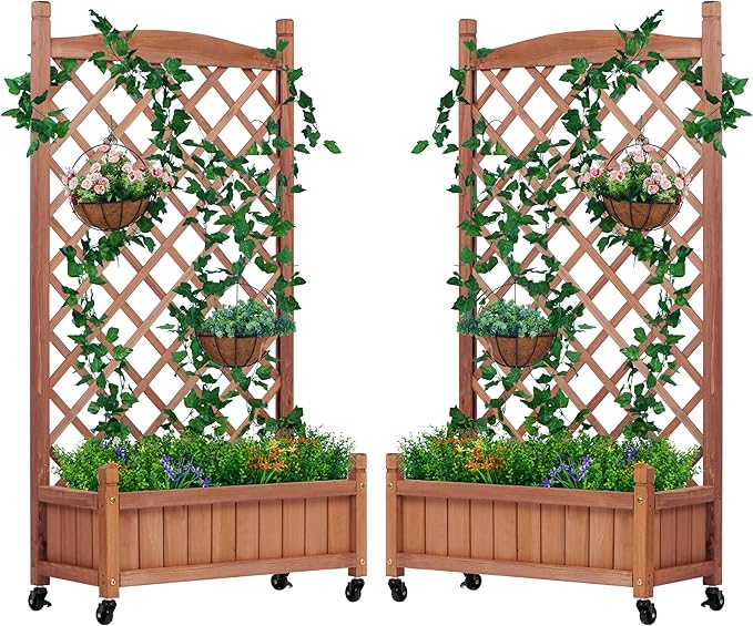 Raised Garden Bed with Trellis Set of 2, Outdoor Wood Planter Box & Plant Stand with Climbing Racks