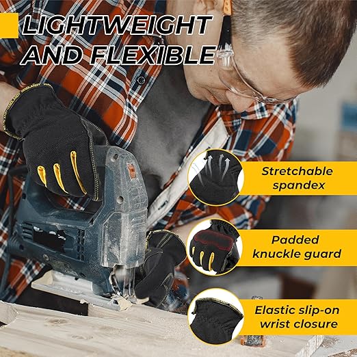 HANDLANDY Work Gloves Mens & Women, Utility Safety Mechanic Working Gloves Touch Screen, Flexible Breathable Yard Work Gloves (Medium, Black-Yellwo)