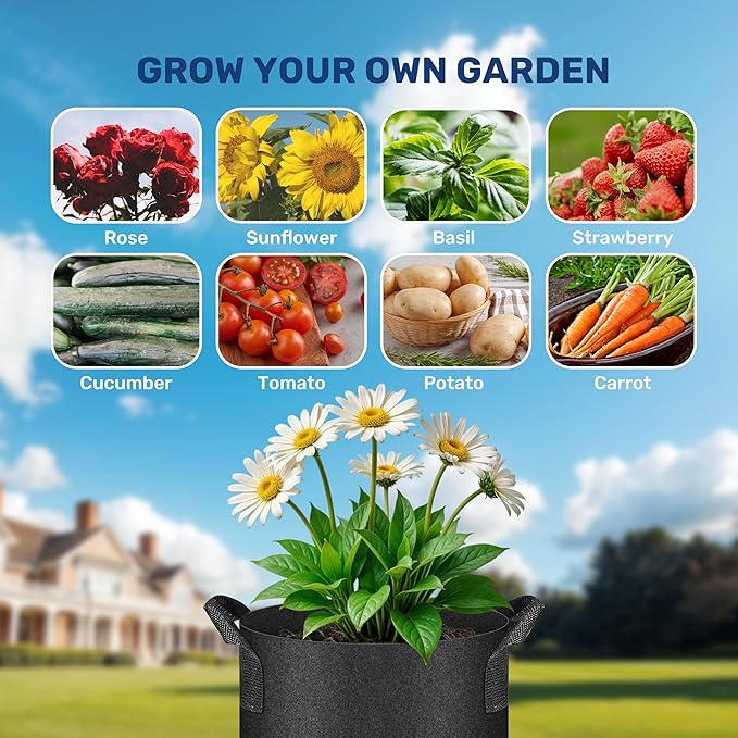 HealSmart 7 Gallon 6 Pack Nonwoven Grow Bags, Aeration Fabric Pots with Handles, Heavy Duty Garden Grow Pots for Tomato Vegetables Flowers, 6 Plant Labels, Black