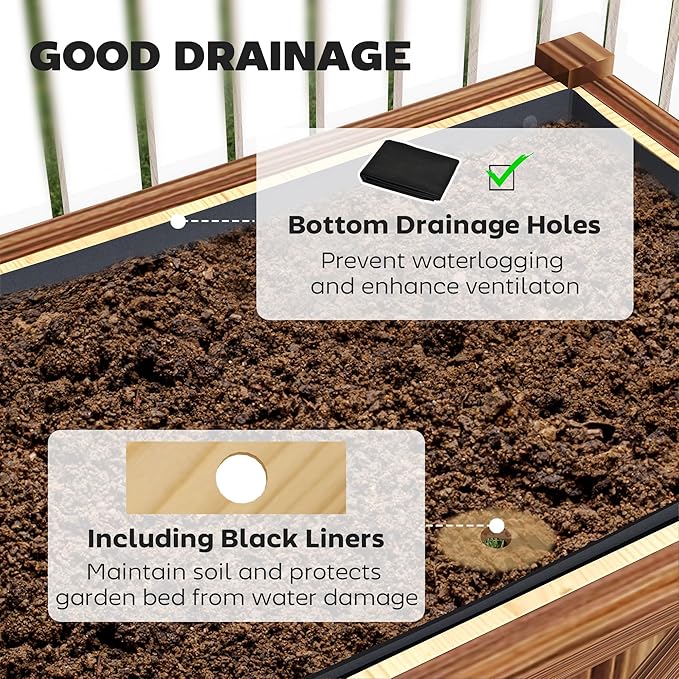 Outsunny Raised Garden Bed, Elevated Wood Planter Box with Storage Shelf, Drainage Holes, and Liner for Backyard, Patio, Balcony, 47 x 22 x 31.5 in, Carbonized