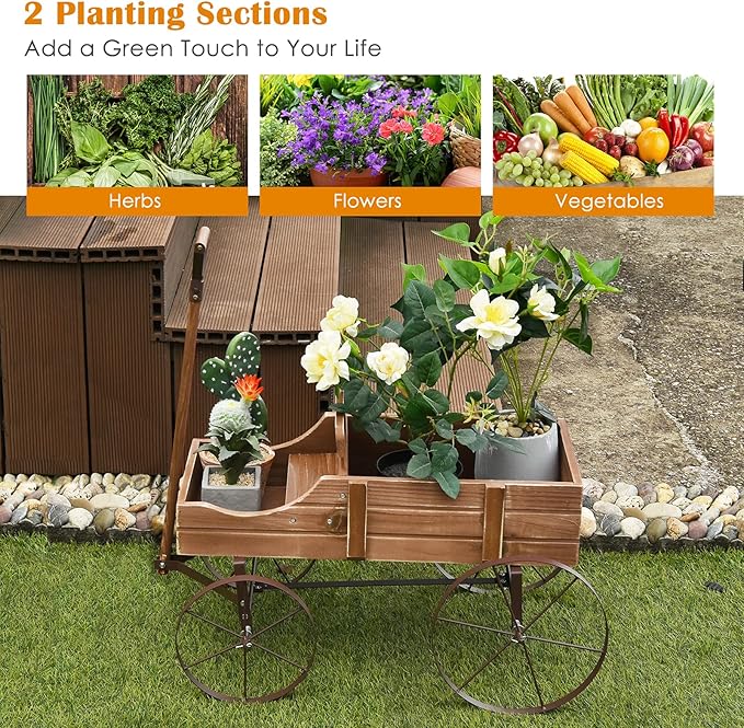 Goplus Wagon Planter, Decorative Wooden Garden Planter with Wheels, 2 Planting Sections and Adjustable Handle, Indoor Outdoor Backyard Balcony Decor (Brown)