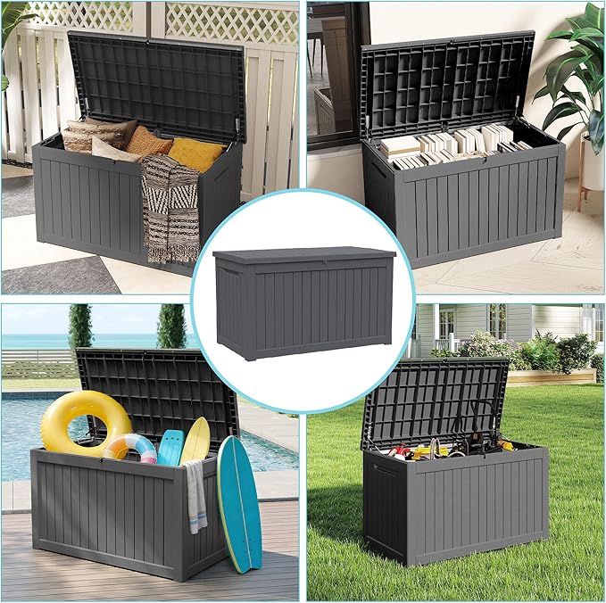 Outdoor Waterproof Resin Storage Deck Box Lockable Outside Bench UV Resistant Bin Patio Porch Furniture Pool Float Garden Tool Cushion (Black, 280 Gallon)