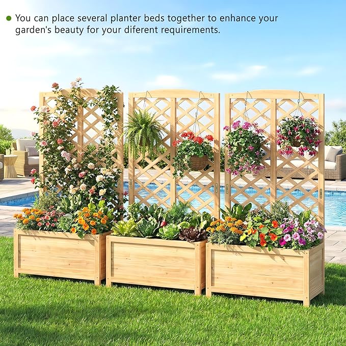 DoCred Raised Garden Bed with Trellis, 30" L x 16" W x 59" H Elevated Freestanding Planter Box for Climbing Plants, Outdoor Wooden Privacy Screen with Garden Box for Backyard Patio Balcony Decor