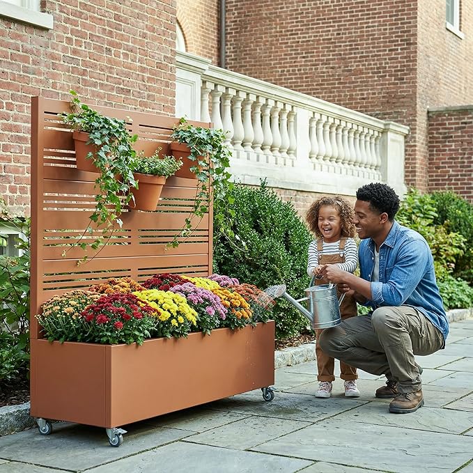 Casaphoria Metal Raised Garden Bed with Trellis and Wheels, 47"x47"x16" Planter Box for Climbing Plants, Vegetables & Vines, Features Drainage Holes and Privacy Screen, Brown-Harold