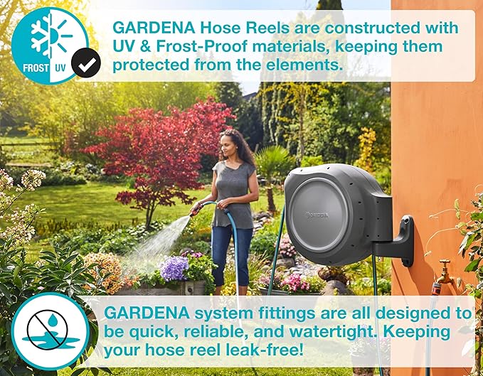 GARDENA (20500) Retractable Garden Hose Reel 50' x 1/2" hose, Wall Mounted, Automatic Retraction & Length Lock for Easy Watering. Heavy Duty Swivel Bracket 180°, Includes Nozzle. Made in Europe
