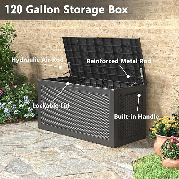 Oudoor Storage Deck Boxes Waterproof, Waterproof and UV Resistant Outdoor Storage Box Lockable Lid for Delivery Box, Indoor, Garden Tools, Pool Supplies, Patio (Black, 120 Gallon)
