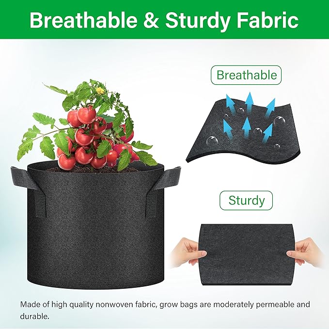 YSSOA 5 Pack 5 Gallon Grow Bags, Aeration Nonwoven Fabric Plant Pots with Handles, Heavy Duty Gardening Planter for Potato, Tomato, Vegetable and Fruits, Black