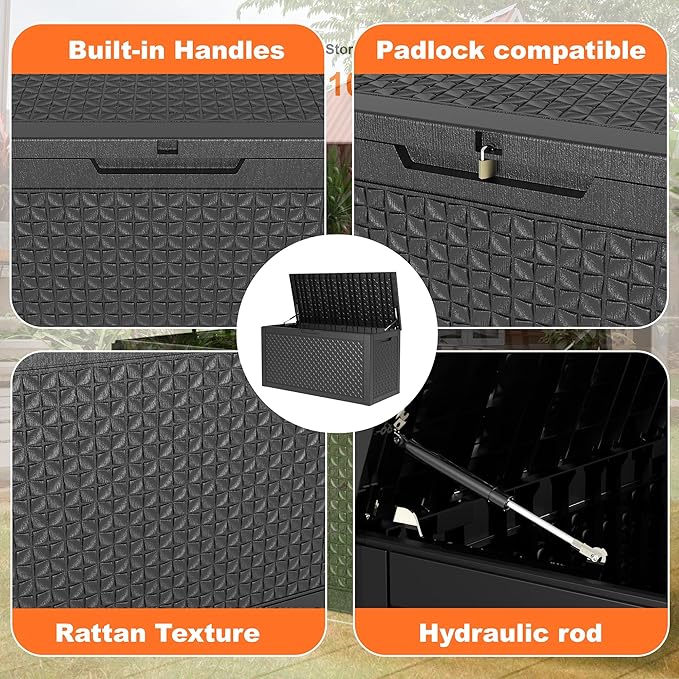 Vixzen 100 Gallon Waterproof Deck Box – Outdoor Storage Organizer for Patio & Garden（Black，100 Gallon）