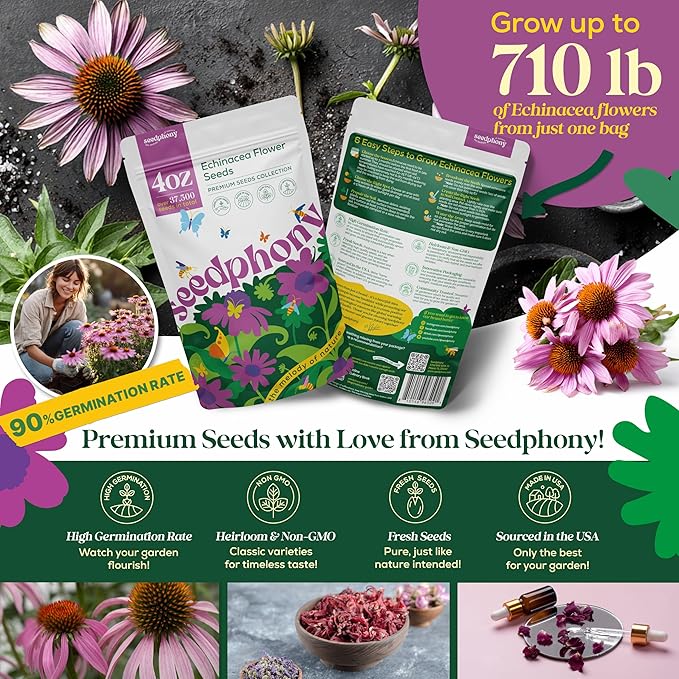 Echinacea Seed Pack 4 oz - 37,500 Non-GMO Heirloom Echinacea Seeds for Planting, Perennial Flowers in Waterproof Seed Packet, Coneflower Seeds for Planting Garden Indoor & Outdoor Gardening