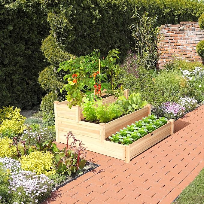 Giantex 3 Tier Raised Garden Bed Wood Elevated Planter Box Vegetable Flower Growing Bed Kit Outdoor Planting Container for Backyard Lawn Patio Planter Raised Beds, Easy Assembly 49"X49"X22"