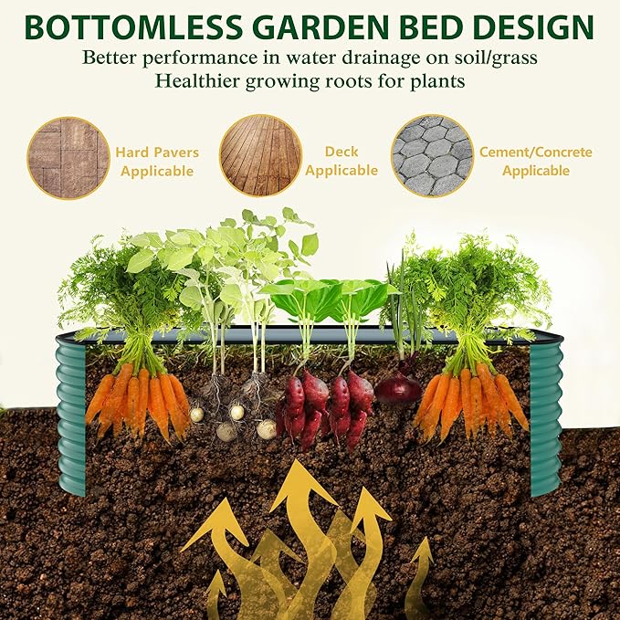 BlueWish 6x3x2FT Metal Raised Garden Bed with 2 Aluminum Support Rods, 24’’H Raised Garden Bed with Bottomless Design, Rubber Edges, 9-in-1 Modular Planter Box for Backyard, Garden, Patio, Green