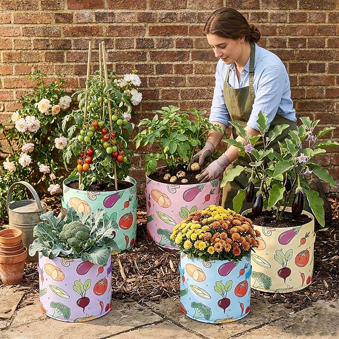 10 Gallon Grow Bags, Colorful Printed Plant Grow Bags, Fabric Planters Garden Bgas Garden Pots, Double-Layer Fabric Design, Dirty-Proof