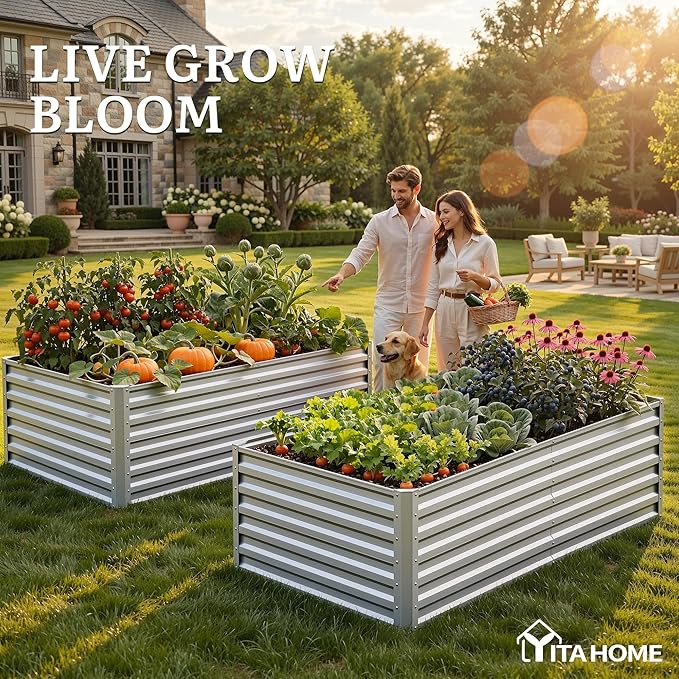 YITAHOME 6x3x2 ft Galvanized Raised Garden Bed Kit, Large Metal Planter Box with Gloves & Support Rod, Outdoor Flower Bed for Plants Vegetables, Silver